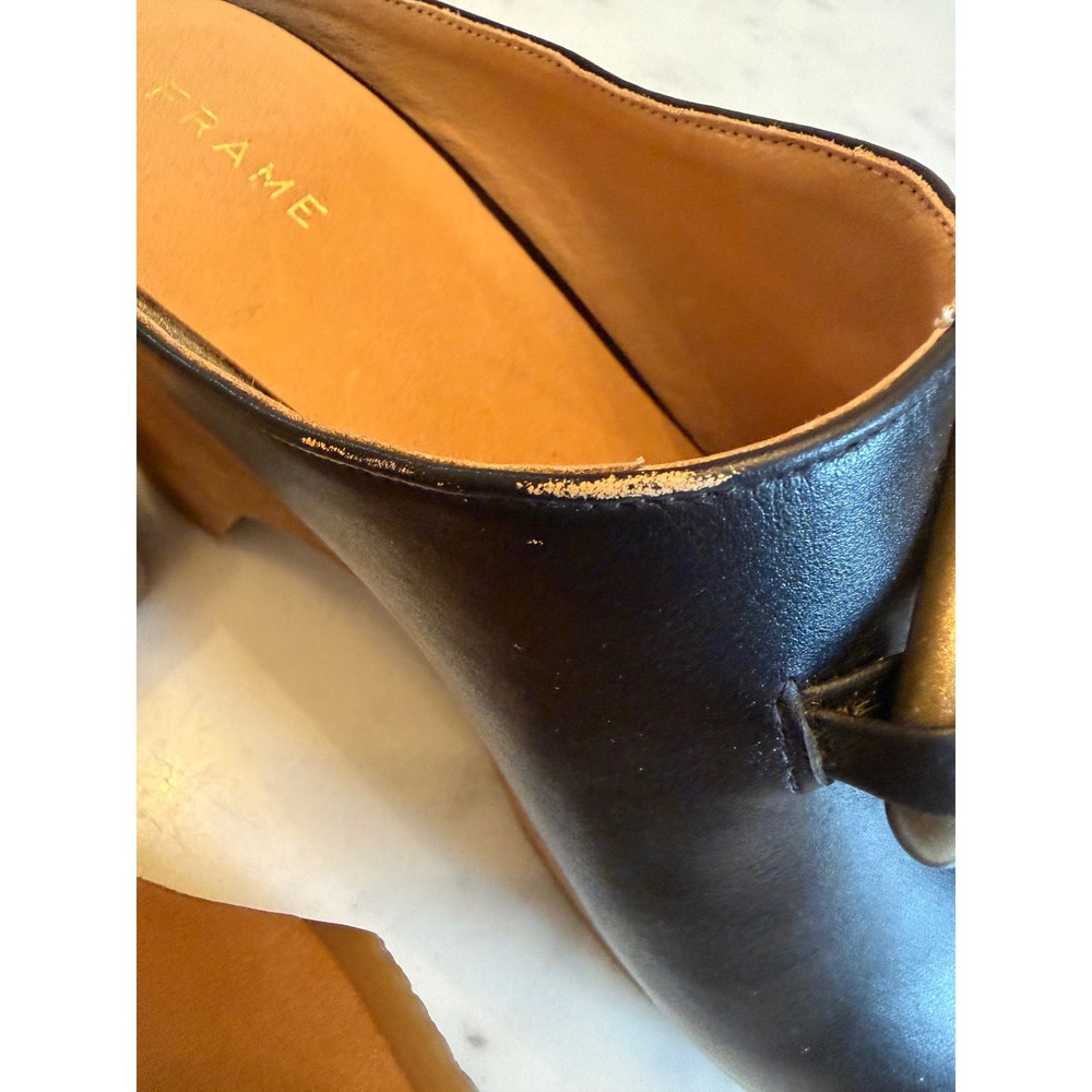 Frame Le Ione Clog Noir Black Leather Wooden Platform Mules Brass Buckle 37 US 7 - Picture 13 of 13